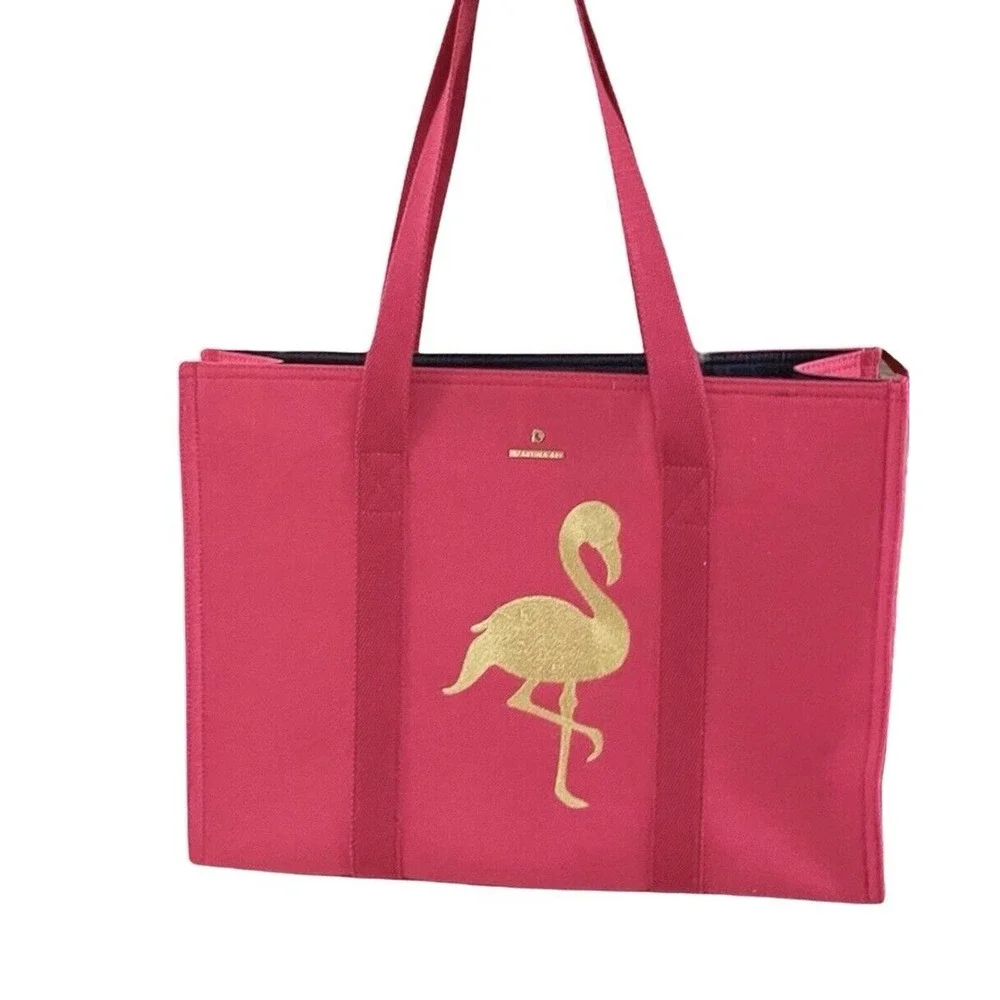 Spartina 449 Tote‎ Bag Womens Pink Excellent Gold Flamingo Embroidered Linen